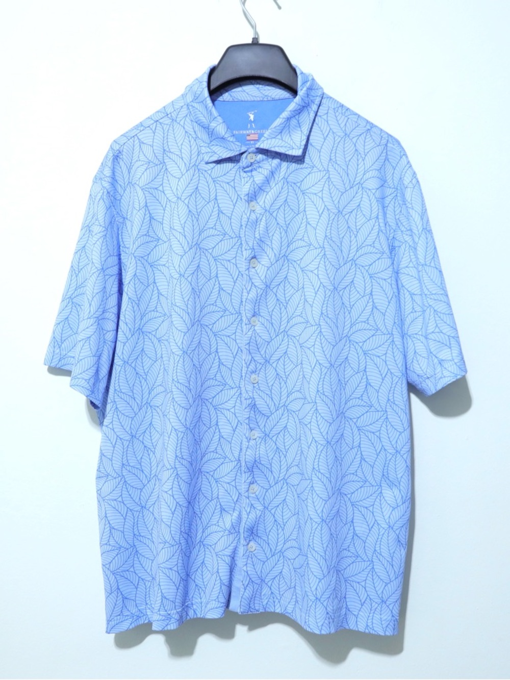 Fairway & Greene Men's XL Shirt Blue Leaf Print Performance Golf Polo Short Slv